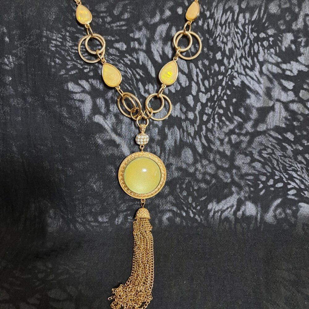 Gold Tone Yellow Cabochon Tassel Long Necklace 26" Statement